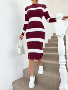 EURMUSE Women's Stand Collar Raglan Sleeve Ribbed Knit Ribbed Red And White Sweater Dress,Winter Dresses - Burgundy - View 5