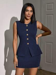 SHEIN Cottnline Women's Brown Elegant Rib-Knit Two Pieces Sets - Navy Blue - View 4