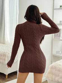 EURMUSE Weihnachts-Pelzkragen Zopfstrick Bodycon Pulloverkleid - Braun - Übersicht 2
