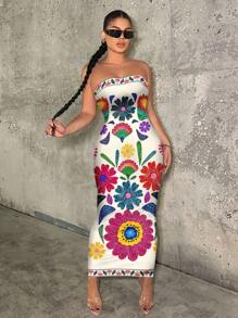 SHEIN SXY 波西米亚风格休闲花卉复古印花女士紧身连衣裙，适合夏季度假 - 彩色 - 查看 3