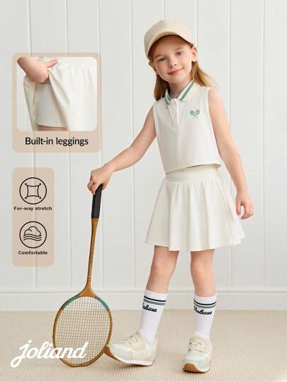 Joliand 2 Pcs Young Girl Green & White Striped Trim Collar Polo Sleeveless Top And White Mini Skirt Set, Suitable For Sports, Travel, Daily Wear, Back To School, Summer And Autumn Girls Tennis Dress Girls Tennis Outfit Toddler Tennis Outfit Kids Tennis Skirt Set Tennis Clothes For Girls Toddler Tennis Dress Tennis Attire Girl Back To School  School  Clothes School Supplies Backtoschool ColorfulJoy Tennis Skirt Set Kids Tennis Dress For Girls Kids Tennis Clothes