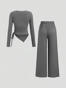 Sweetra Women's Asymmetrical Gray Top & Wide Leg Pants 2 Pieces Set, Spring/Summer Fall Cloth For Women - Coffee Brown - View 2