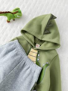 Cozy Pixies 2pcs Baby Boy Cartoon Dinosaur Pattern Hooded Long Sleeve Sweatshirt And Elastic Waist Pants Set Fall Winter