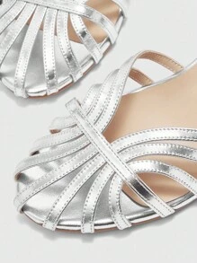 Rosivie 女士圆头粗跟银扣镂空编织优雅高跟凉鞋 - 銀色 - 查看 10