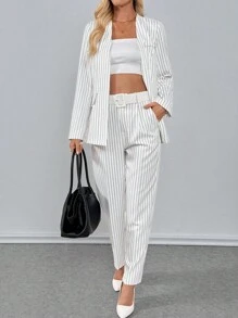 Chiquease 女士条纹印花开襟修身长袖西装外套，配腰带和直筒裤，全白大学秋季女装套装