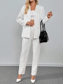 Chiquease 女士条纹印花开襟修身长袖西装外套，配腰带和直筒裤，全白大学秋季女装套装