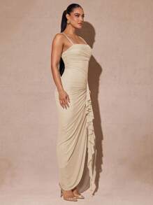 Silquee 优雅的鼠尾草绿色浪漫荷叶边袖高开衩长裙，女士蕾丝紧身派对礼服，适合情人节、约会、婚礼、舞会 - 杏色 - 查看 5