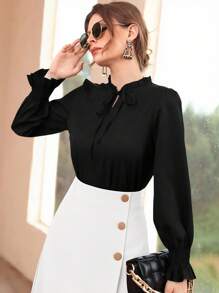 Modelyn Burgundy Red Women's Casual Solid Color Ruffled Sleeve Blouse, Spring And Autumn Fall Cloth For Women - Black - View 5