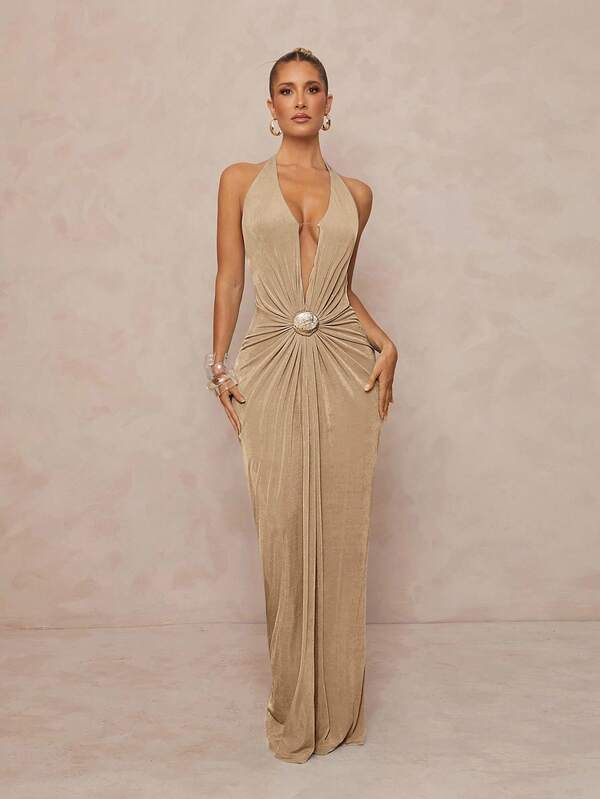 Lumalex 金属度假海滩音乐节露背优雅深 V 弹力漂亮女式连衣裙