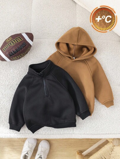 SHEIN 男婴纯色保暖内衬卫衣套装（含立领卫衣），舒适百搭休闲简约风，适合室内、室外、日常穿着、运动、玩耍、派对、节日、返校、街头风、慢跑、运动服、万圣节、秋冬季等场合。