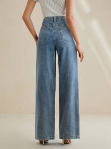 Anewsta 时尚女式水钻口袋休闲阔腿牛仔裤 - 藍色 - 查看 2