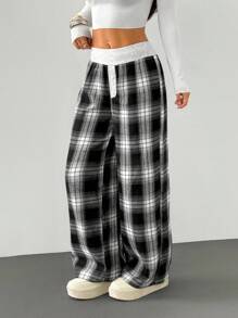 SHEIN PETITE 女款黑白格纹秋冬拉绒阔腿裤 - 黑與白 - 查看 4