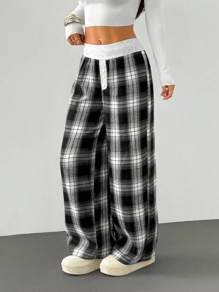 SHEIN PETITE 女款黑白格纹秋冬拉绒阔腿裤 - 黑與白 - 查看 4