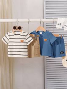 SHEIN Conjunto de verano de 4 piezas para bebé niño y niña, que incluye camisetas informales de manga corta con patrones de caricaturas y rayas en estilo coreano y pantalones cortos con cintura elástica y bolsillos prácticos - Azul - Ver 4