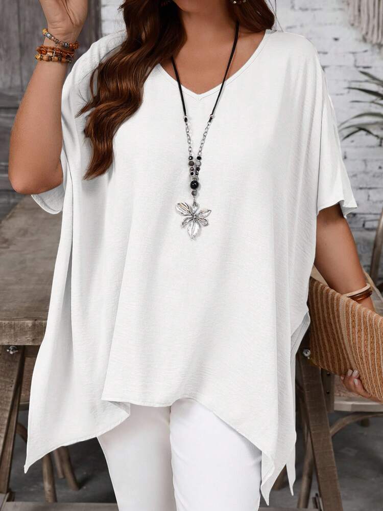 Plus Size Solid Color Casual Asymmetrical Long Shirt, Summer