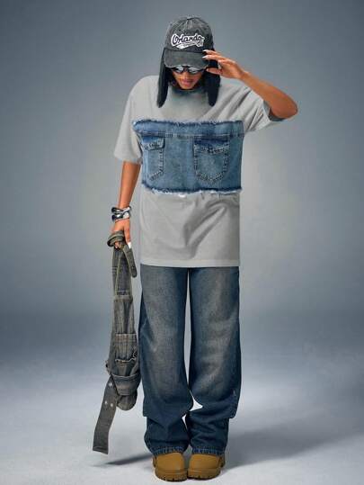 CasuGlow Denim Patch Pocket Oversize T-Shirt, Contrast Panel Tee, Casual Street Style, Frayed Hem Top, Summer