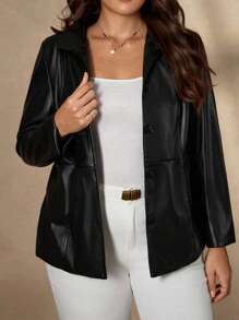 Chikora 大码女式纯色长袖单排扣 PU 皮革休闲夹克 大码皮夹克 黑色皮夹克女式 大码黑色夹克女式黑色皮衬衫 仿皮夹克 大码皮衬衫夹克 大码黑色皮夹克 皮衬衫 大码黑色皮革上衣 大码秋季服装 大码女式秋季服装 女式冬季服装 冬季外套 女式冬季外套 - 黑色 - 查看 5