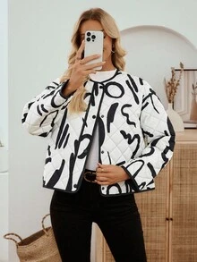 SHEIN LUNE Women's Fashionable Versatile Printed Jacket, Winter Quilted Jacket Artwork Print Jacket Graphic Print Jacket Women Jacket - Multicolor - View 7