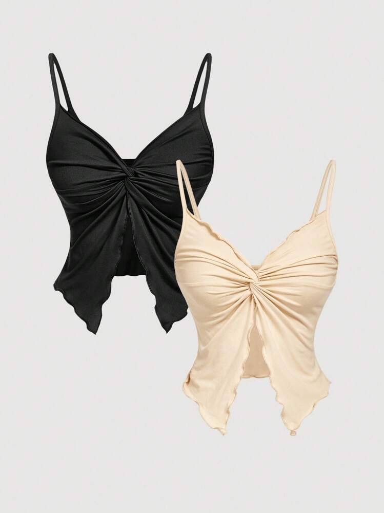 SHEIN MOD Áo hai dây xoắn trơn màu thanh lịch dành cho nữ mùa hè - Màu be - Xem 1