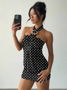 Aloruh 女式 Y2K 前卫性感紧身金属纽扣装饰吊带黑色迷你超短夜店连衣裙，适合夏季 - 彩色 - 查看 1