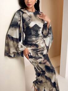 Veilorie 女士优雅扎染印花斗篷袖连衣裙 - 彩色 - 查看 6