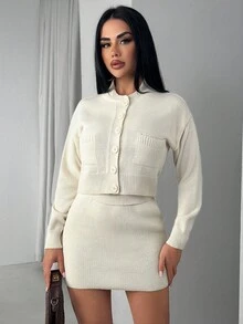 EURMUSE 女士米白色短款针织西装外套和迷你裙套装 - 奶油色 - 查看 4