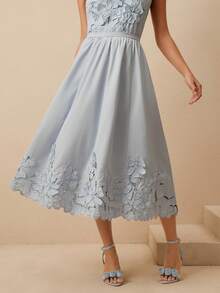 Anewsta 春夏新款度假风重工刺绣镂空花卉装饰高腰A字裙（女款） - 淺藍色 - 查看 3