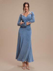 Modelyn Women's V-Neck Metal Buckle Asymmetrical Ruched Waist Elegant Versatile Daily Casual Party Dress,Fall Wedding Guest Dress,Fall Dresses For Women