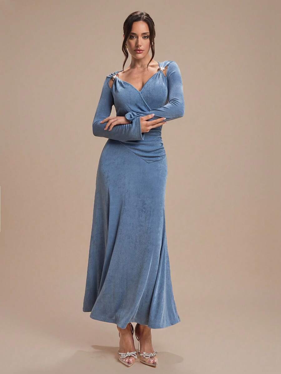 Modelyn Women's V-Neck Metal Buckle Asymmetrical Ruched Waist Elegant Versatile Daily Casual Party Dress,Fall Wedding Guest Dress,Fall Dresses For Women