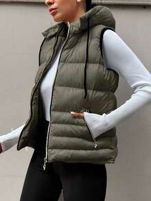 RueChic Zip Up Drawstring Hooded Puffer Vest Coat - Army Green - View 3