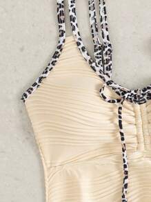 Swim Lushoire Ladies' Summer Beach Music Festival Beige Special Fabric Leopard Print Flowing Hem Slimming Knot Shoulder Strap Elegant Vacation Style Tankini Set - Multicolor - View 6