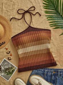 Travachic 女式条纹休闲挂脖针织上衣 - 紅色 - 查看 1