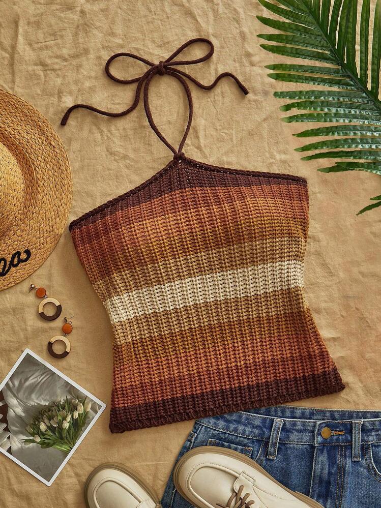 Travachic 女式条纹休闲挂脖针织上衣 - 紅色 - 查看 1