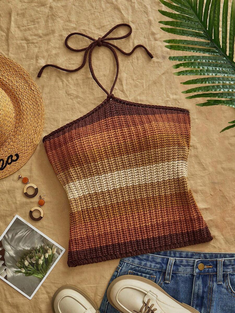 Travachic 女式条纹休闲挂脖针织上衣 - 紅色 - 查看 1