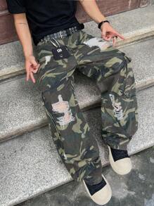 Manfinity EMRG 大码男士街头风格破洞迷彩印花宽松牛仔裤，Emo 风格 - 軍綠色 - 查看 4