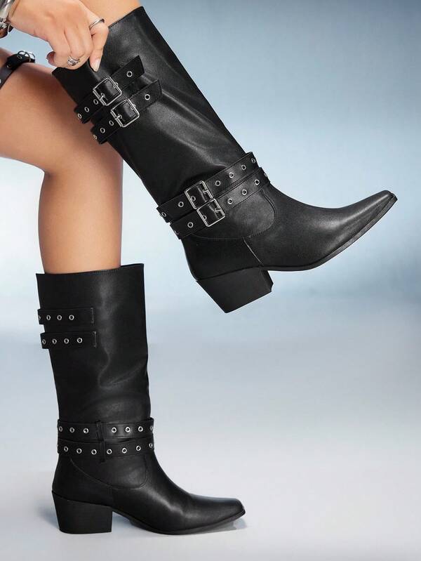 CUCCOO GRLICON Botas de tacón grueso con punta cuadrada, de material de PU negro, con decoración de botón plateado, cómodas para uso diario y fiestas, adecuadas para Navidad, Halloween y otoño