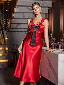 SilkySpell Camellia Flower Bow Decor Lace Patchwork Backless Ruffle Trim Satin Camisole Nightgown - Burgundy - View 3
