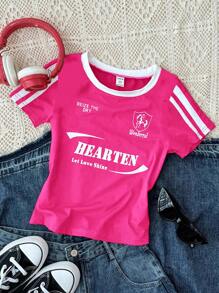 街头服饰复古黑白撞色条纹字母印花修身休闲舒适圆领长袖 T 恤，适合夏季青少年女孩，返校季