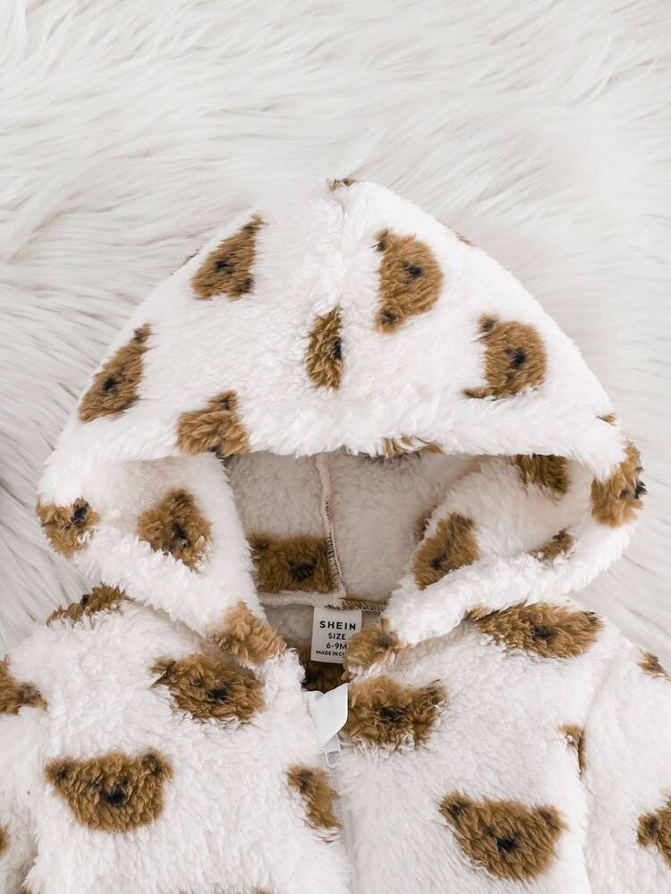 SHEIN 男婴熊图案双面羊毛连帽连体衣，厚款，适合秋冬季 - 彩色 - 查看 5