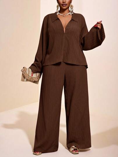 Veslaya 2025 New Spring/Fall Solid Color Jam Color V-Neck Solid Shirt With Flared Sleeves And Wide Leg Pants Set,Fall Clothes For Women