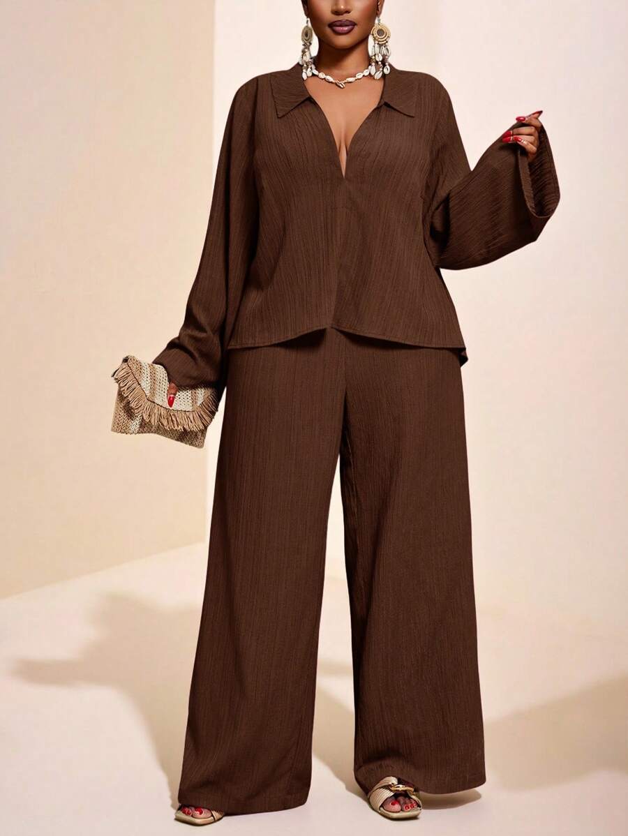 Veslaya 2025 New Spring/Fall Solid Color Jam Color V-Neck Solid Shirt With Flared Sleeves And Wide Leg Pants Set,Fall Clothes For Women - Brown - View 1