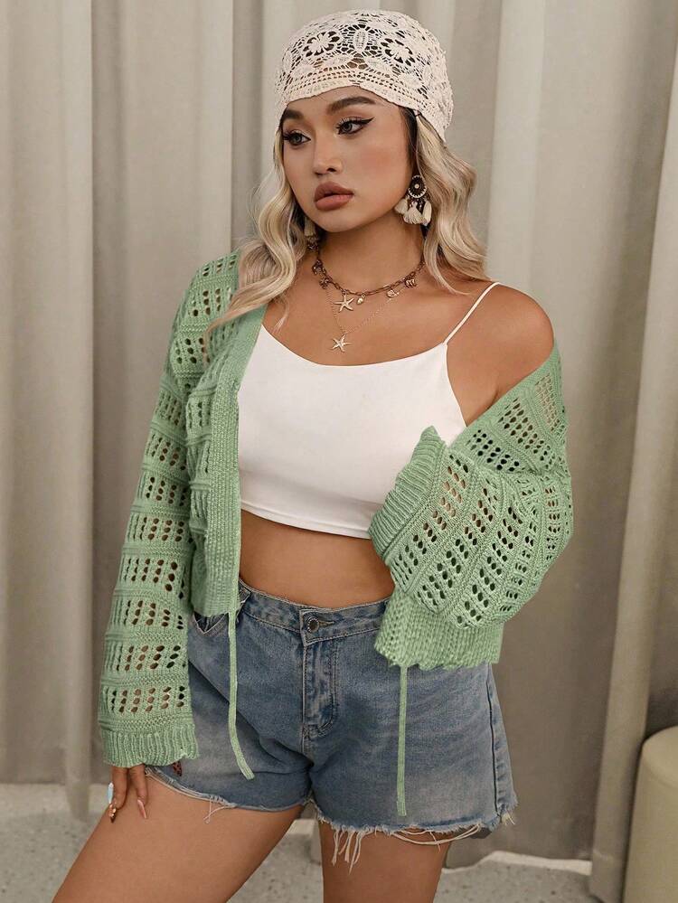 SHEIN VCAY 大码女士度假休闲纯色镂空针织短款开衫、长袖上衣 - 薄荷綠 - 查看 3