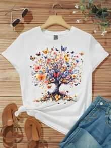 EMERY ROSE Áo thun tay ngắn cổ tròn họa tiết hoa, cây và bướm đơn giản, giản dị dành cho nữ - trắng - Xem 2