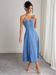 Elenzga Váy midi denim không tay thường ngày dành cho nữ - Rửa trung bình - Xem 5