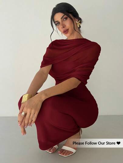 Firerie Gaun Wanita Berlipit Asimetris dengan Leher Berkerut, Warna Merah Burgundy, Musim Gugur, Elegan, Cocok untuk Acara Makan Malam, Gaun Formal untuk Tamu Pernikahan, dan Pakaian Liburan Kasual untuk Bisnis