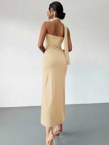 Firerie 女式摩卡棕色不对称喇叭袖宽松连衣裙，时尚长裙，春夏服装，适合通勤、优雅、性感、度假、海滩、波西米亚、夏威夷、音乐节、派对、工作装 - 卡其色 - 查看 2