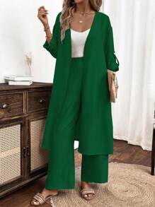 SHEIN LUNE 2件套女士休闲纯色长袖衬衫和裤子套装 - 墨綠色 - 查看 6