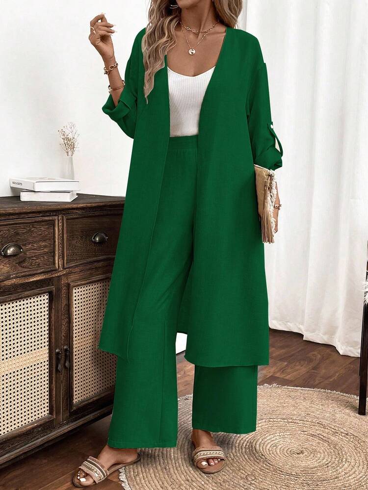 SHEIN LUNE Bộ 2 áo sơ mi dài tay trơn màu đơn giản cho nữ và quần dài - Màu xanh lá cây đậm - Xem 6