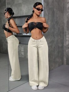 SHEIN ICON Jeans anchos de pierna ancha con bolsillos y cintura en V para mujer - Albaricoque - Ver 6