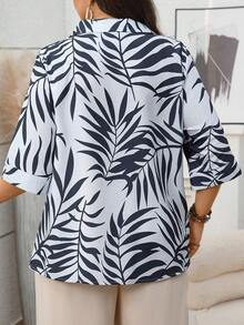 EMERY ROSE Plus Size Women Plant Print 3/4 Sleeve Loose Casual Shirt Autumn, Fall Women's Skirt Plus Size Summer Shirt Plus Size Button Down Shirt - Blue - View 2